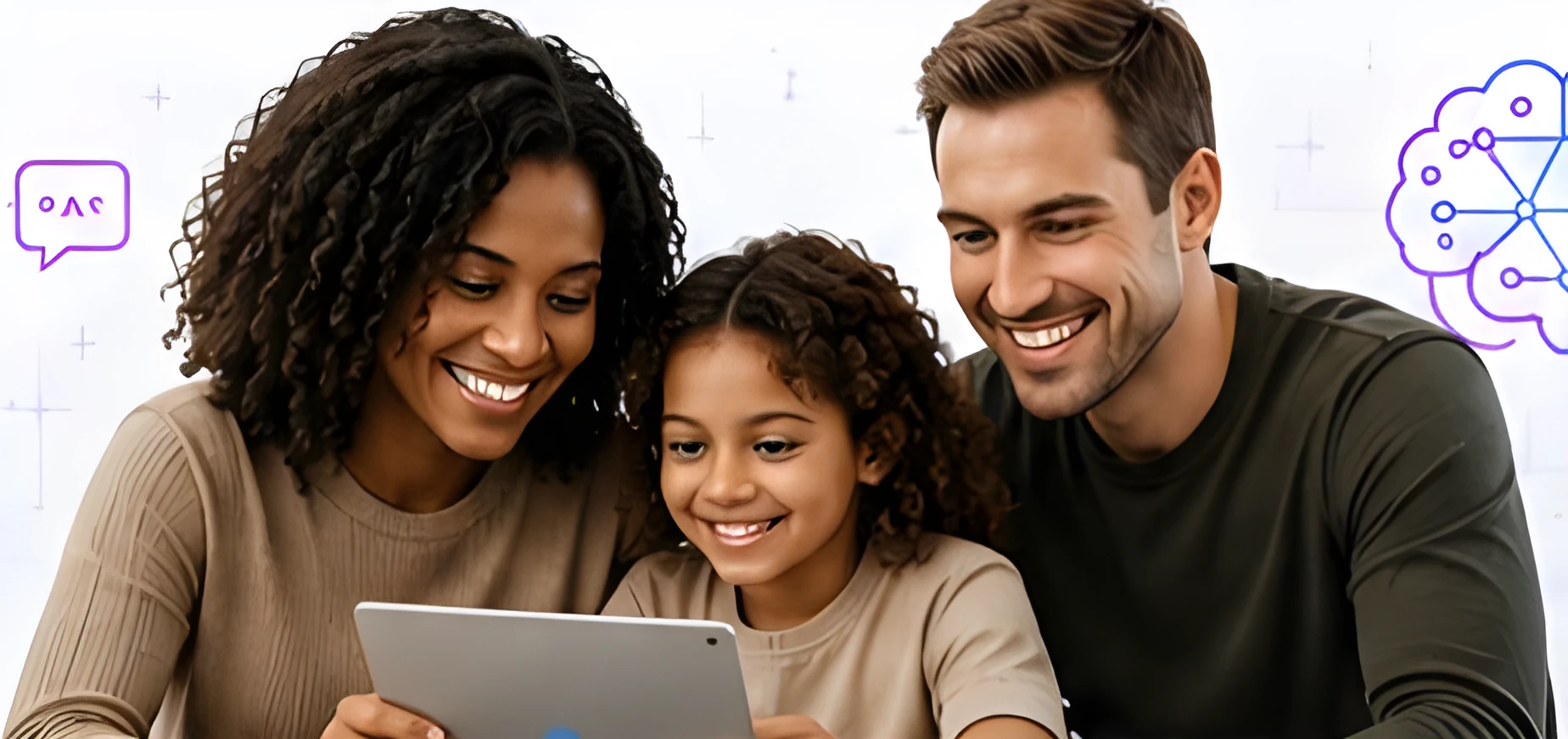 Deux parents et leur fille découvrant l'IA sur une tablette